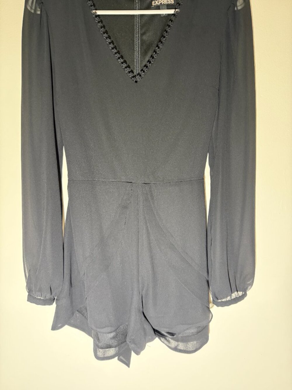 Express Chiffon Long Sleeve V-Neck Embellished Romper | 2